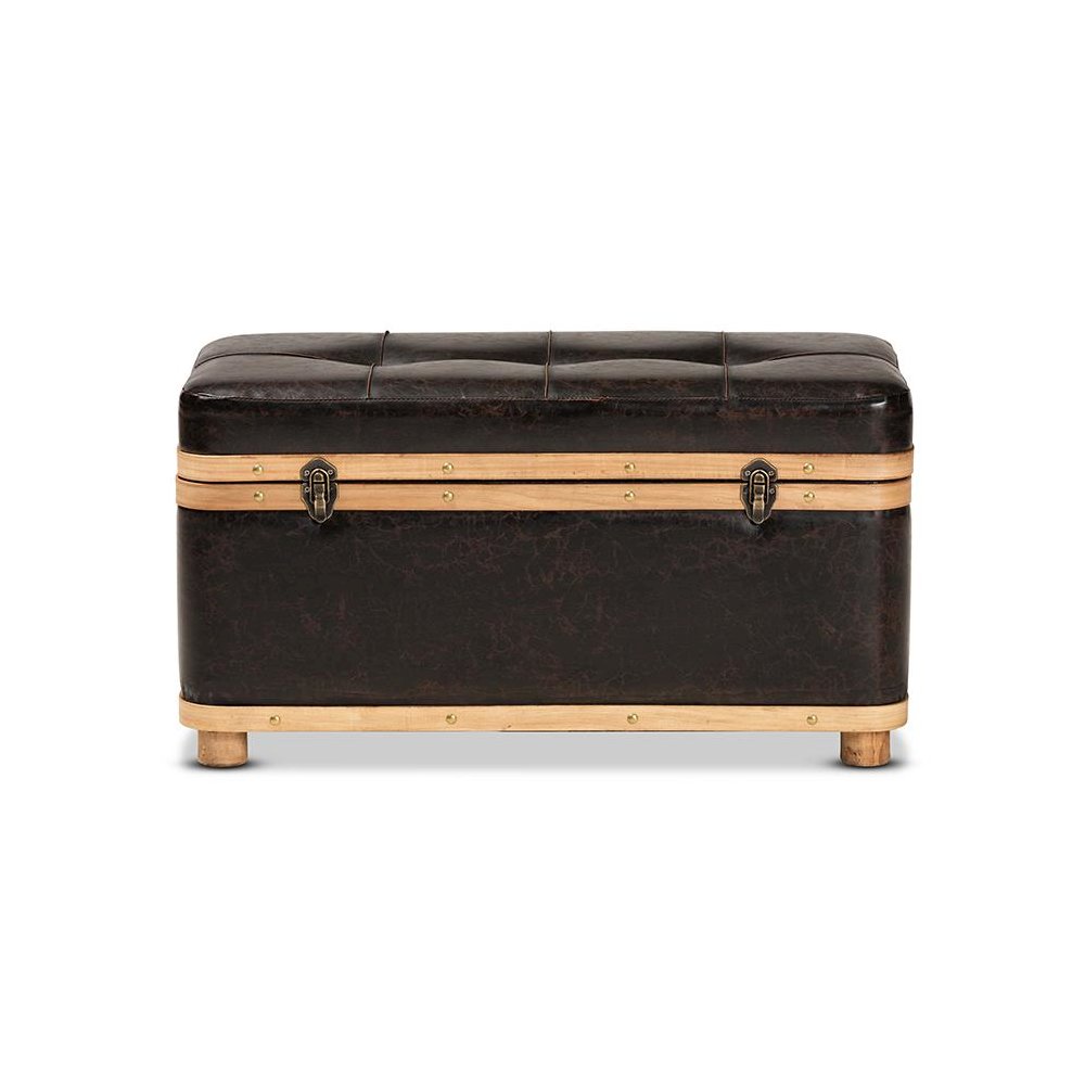 Leather Upholstered and Oak Brown Finished Wood Large Storage Ottoman. Picture 3