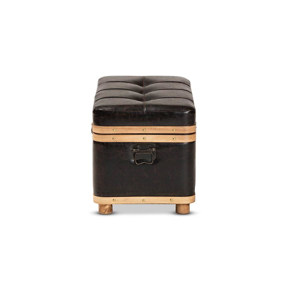Leather Upholstered and Oak Brown Finished Wood Large Storage Ottoman. Picture 4