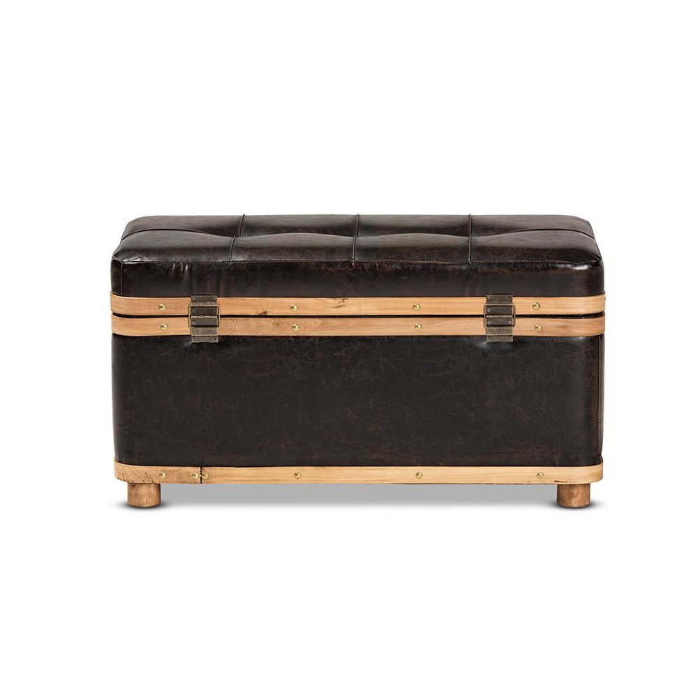 Leather Upholstered and Oak Brown Finished Wood Large Storage Ottoman. Picture 5