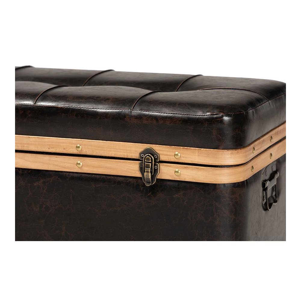 Leather Upholstered and Oak Brown Finished Wood Large Storage Ottoman. Picture 7