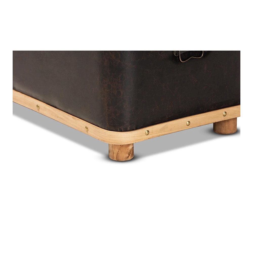Leather Upholstered and Oak Brown Finished Wood Large Storage Ottoman. Picture 9