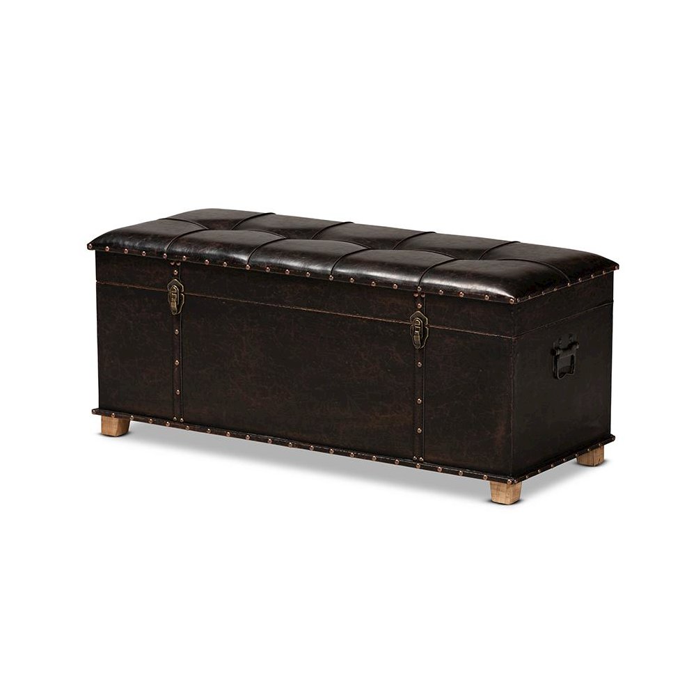 Leather Upholstered and Oak Brown Finished Wood Storage Ottoman. Picture 1