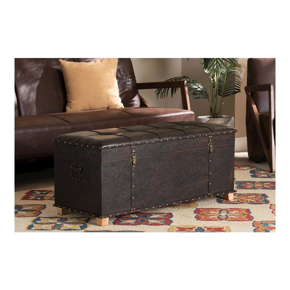 Leather Upholstered and Oak Brown Finished Wood Storage Ottoman. Picture 11
