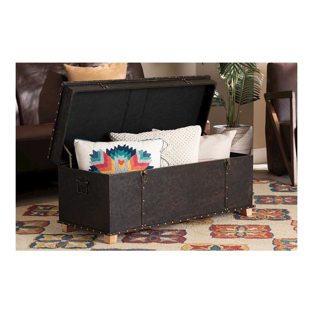 Leather Upholstered and Oak Brown Finished Wood Storage Ottoman. Picture 12