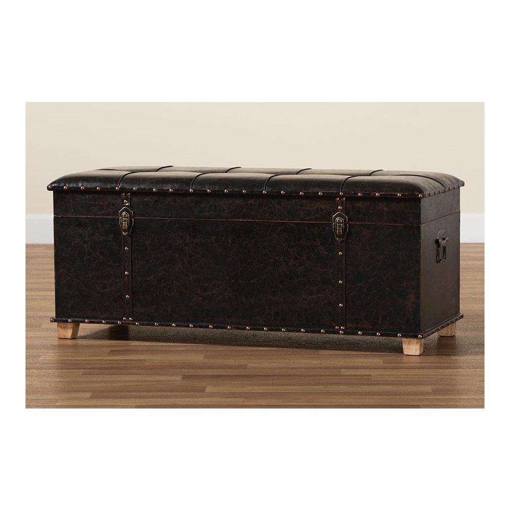 Leather Upholstered and Oak Brown Finished Wood Storage Ottoman. Picture 13