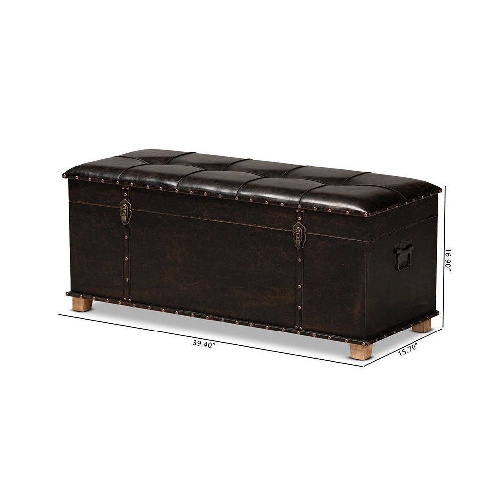 Leather Upholstered and Oak Brown Finished Wood Storage Ottoman. Picture 14