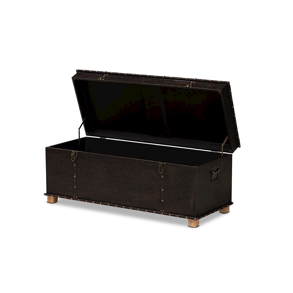 Leather Upholstered and Oak Brown Finished Wood Storage Ottoman. Picture 2