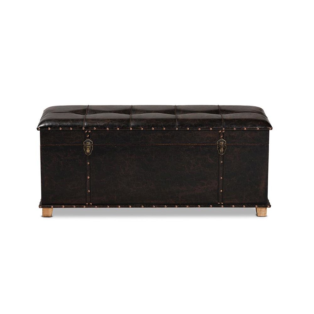 Leather Upholstered and Oak Brown Finished Wood Storage Ottoman. Picture 3