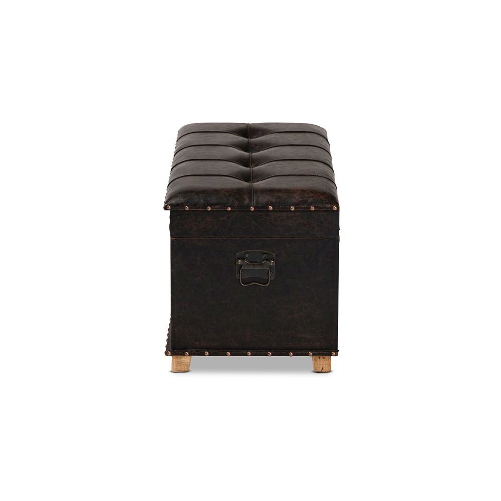 Leather Upholstered and Oak Brown Finished Wood Storage Ottoman. Picture 4