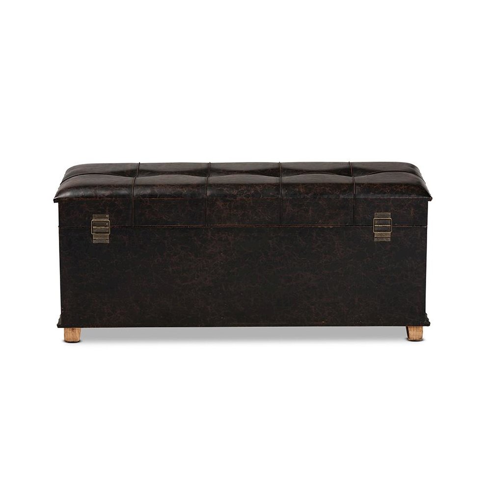 Leather Upholstered and Oak Brown Finished Wood Storage Ottoman. Picture 5