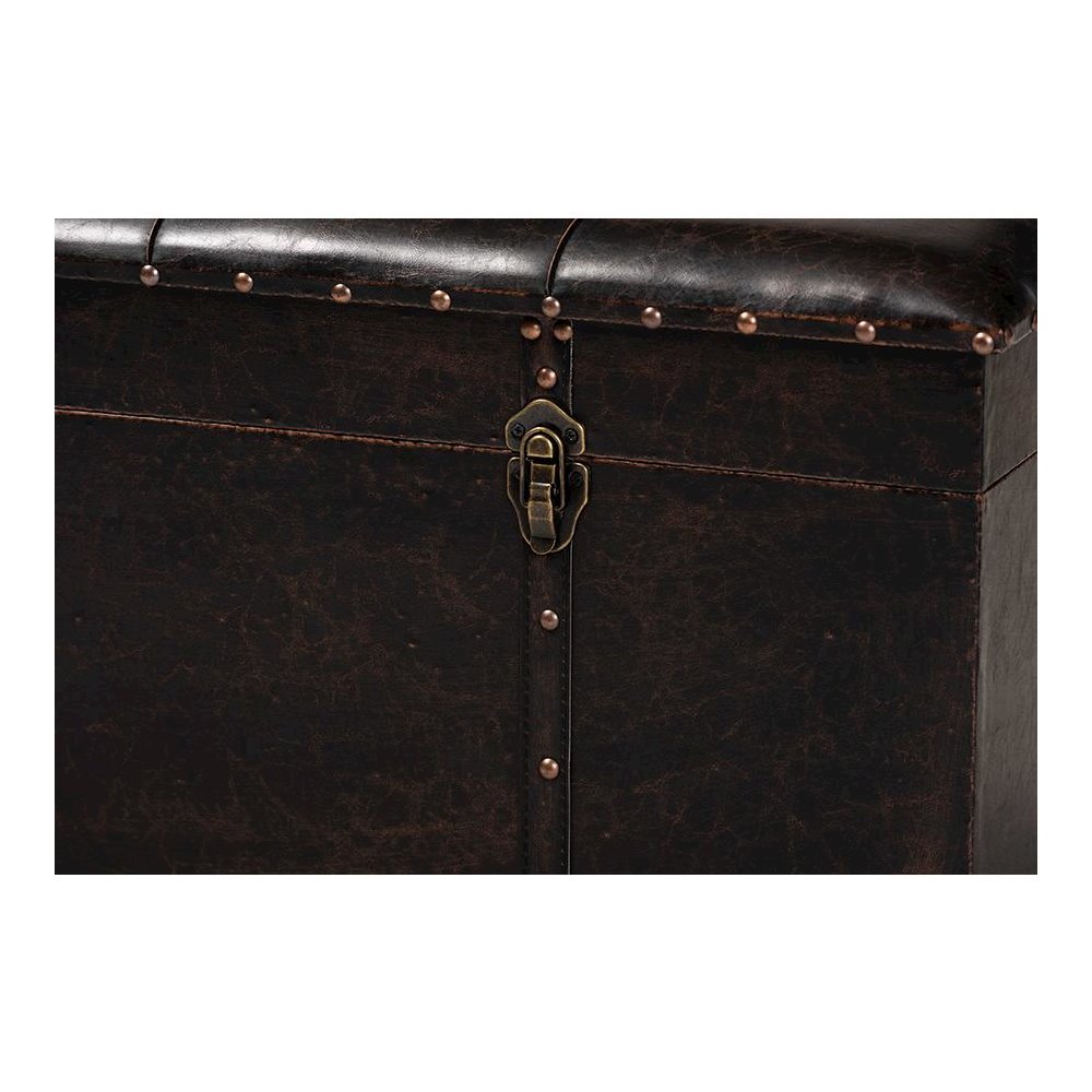Leather Upholstered and Oak Brown Finished Wood Storage Ottoman. Picture 7