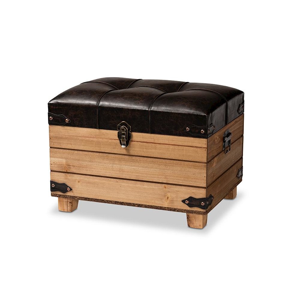 Leather Upholstered and Oak Brown Finished Wood Storage Ottoman. Picture 1