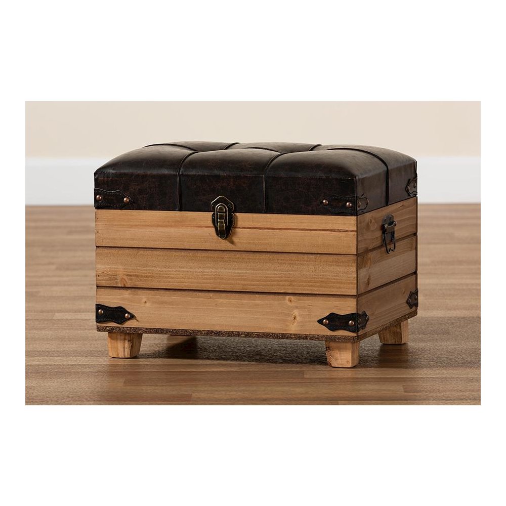 Leather Upholstered and Oak Brown Finished Wood Storage Ottoman. Picture 13