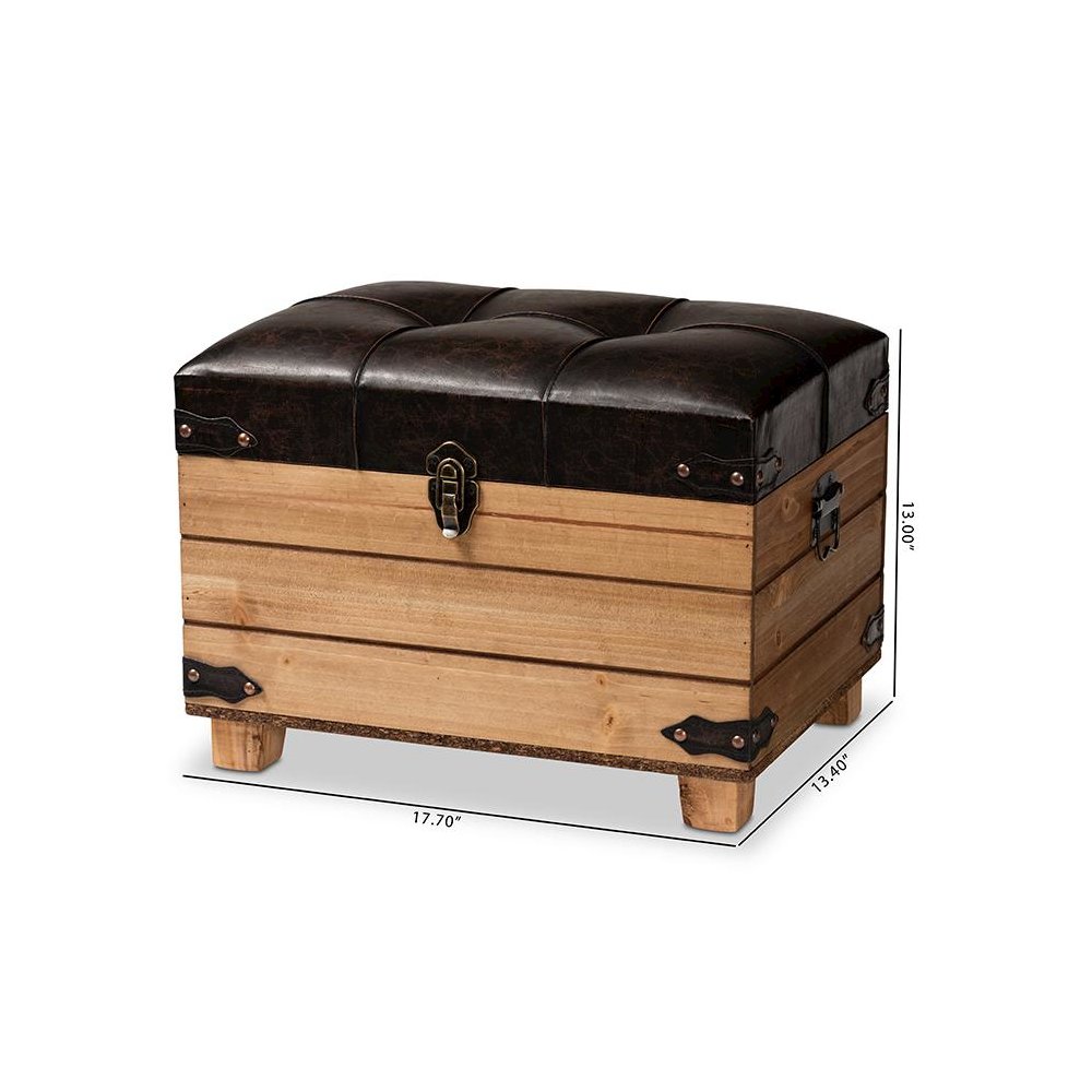 Leather Upholstered and Oak Brown Finished Wood Storage Ottoman. Picture 14