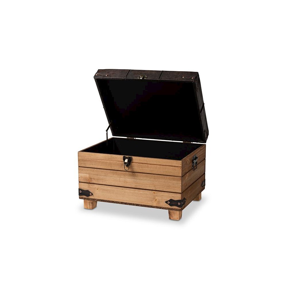 Leather Upholstered and Oak Brown Finished Wood Storage Ottoman. Picture 2