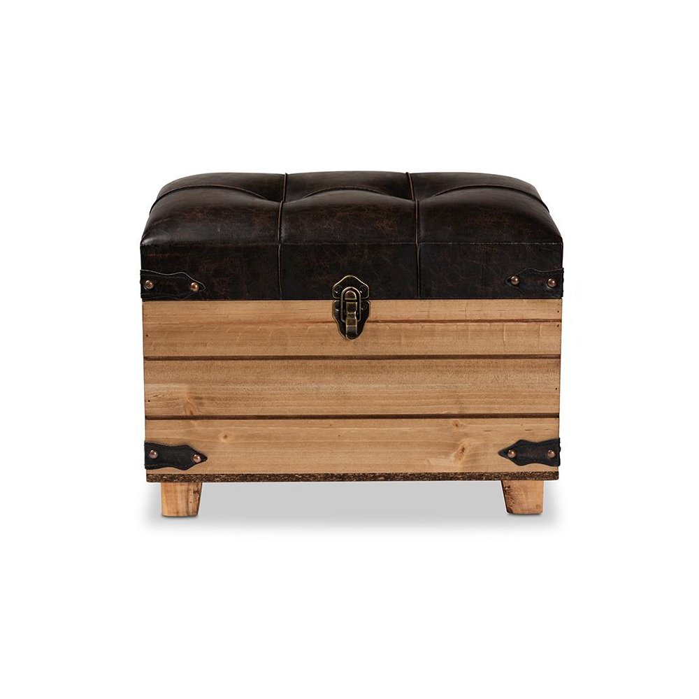 Leather Upholstered and Oak Brown Finished Wood Storage Ottoman. Picture 3