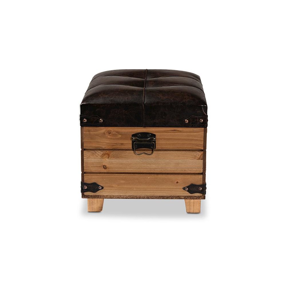 Leather Upholstered and Oak Brown Finished Wood Storage Ottoman. Picture 4