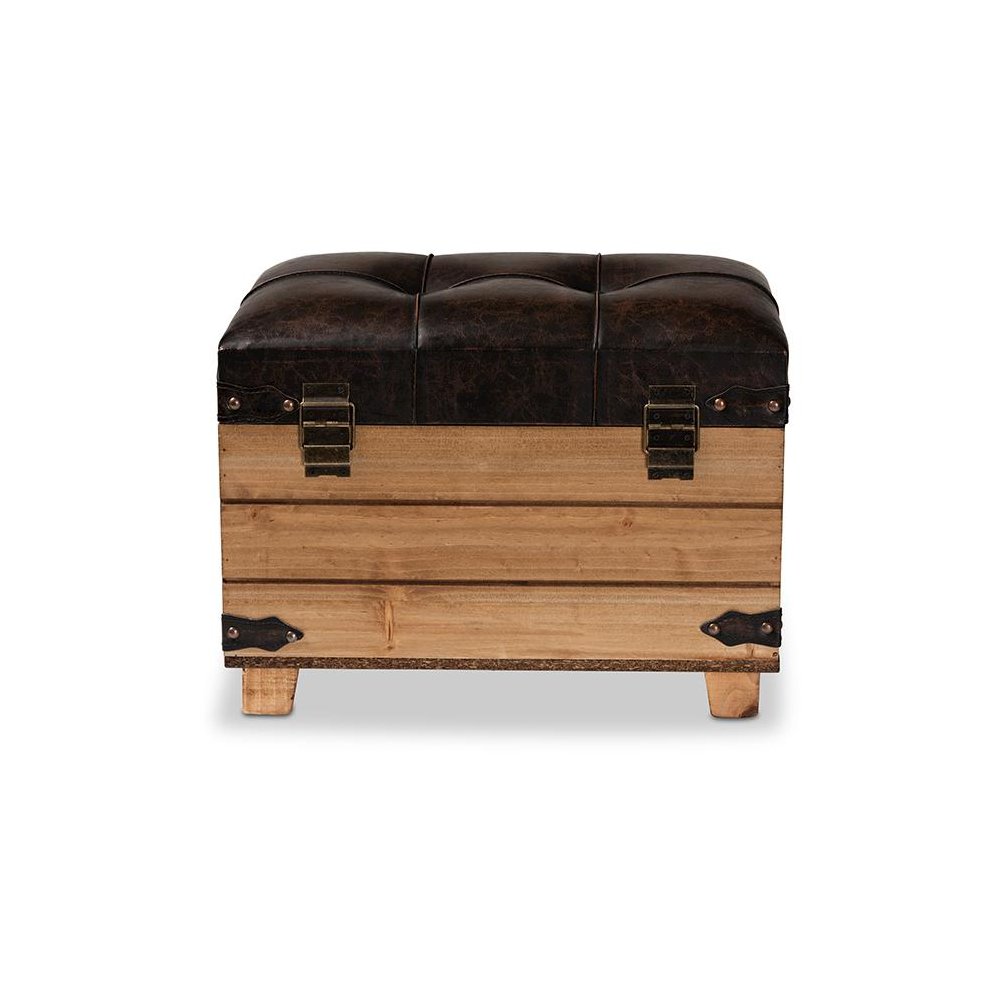 Leather Upholstered and Oak Brown Finished Wood Storage Ottoman. Picture 5