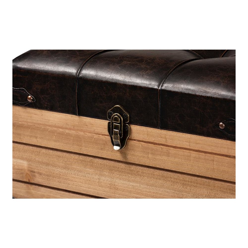 Leather Upholstered and Oak Brown Finished Wood Storage Ottoman. Picture 6