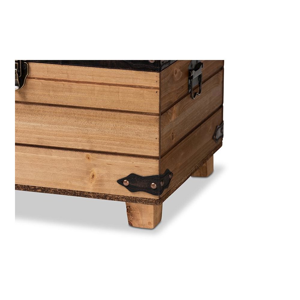 Leather Upholstered and Oak Brown Finished Wood Storage Ottoman. Picture 7
