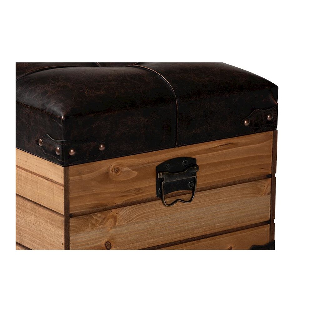 Leather Upholstered and Oak Brown Finished Wood Storage Ottoman. Picture 8