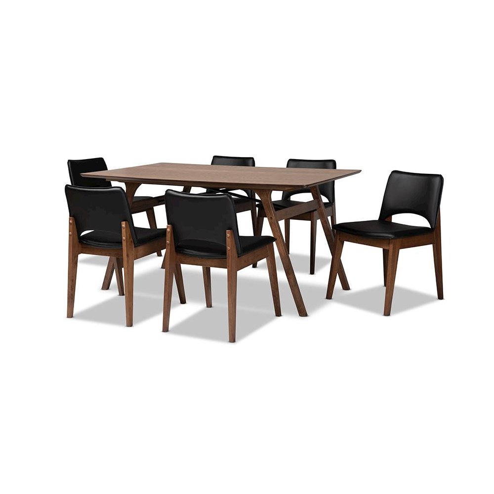 Leather Upholstered and Walnut Brown Finished Wood 7-Piece Dining Set. Picture 1