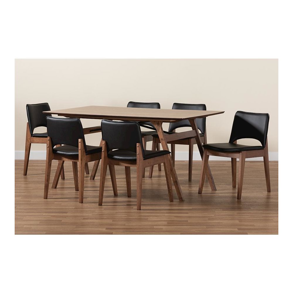 Leather Upholstered and Walnut Brown Finished Wood 7-Piece Dining Set. Picture 8