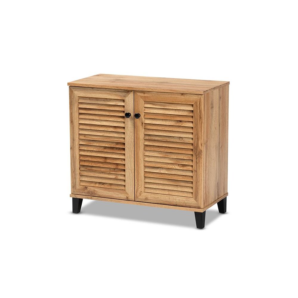 Oak Brown Finished Wood 2-Door Shoe Storage Cabinet. Picture 1