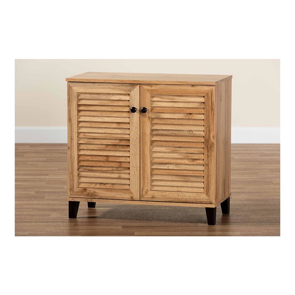 Oak Brown Finished Wood 2-Door Shoe Storage Cabinet. Picture 10