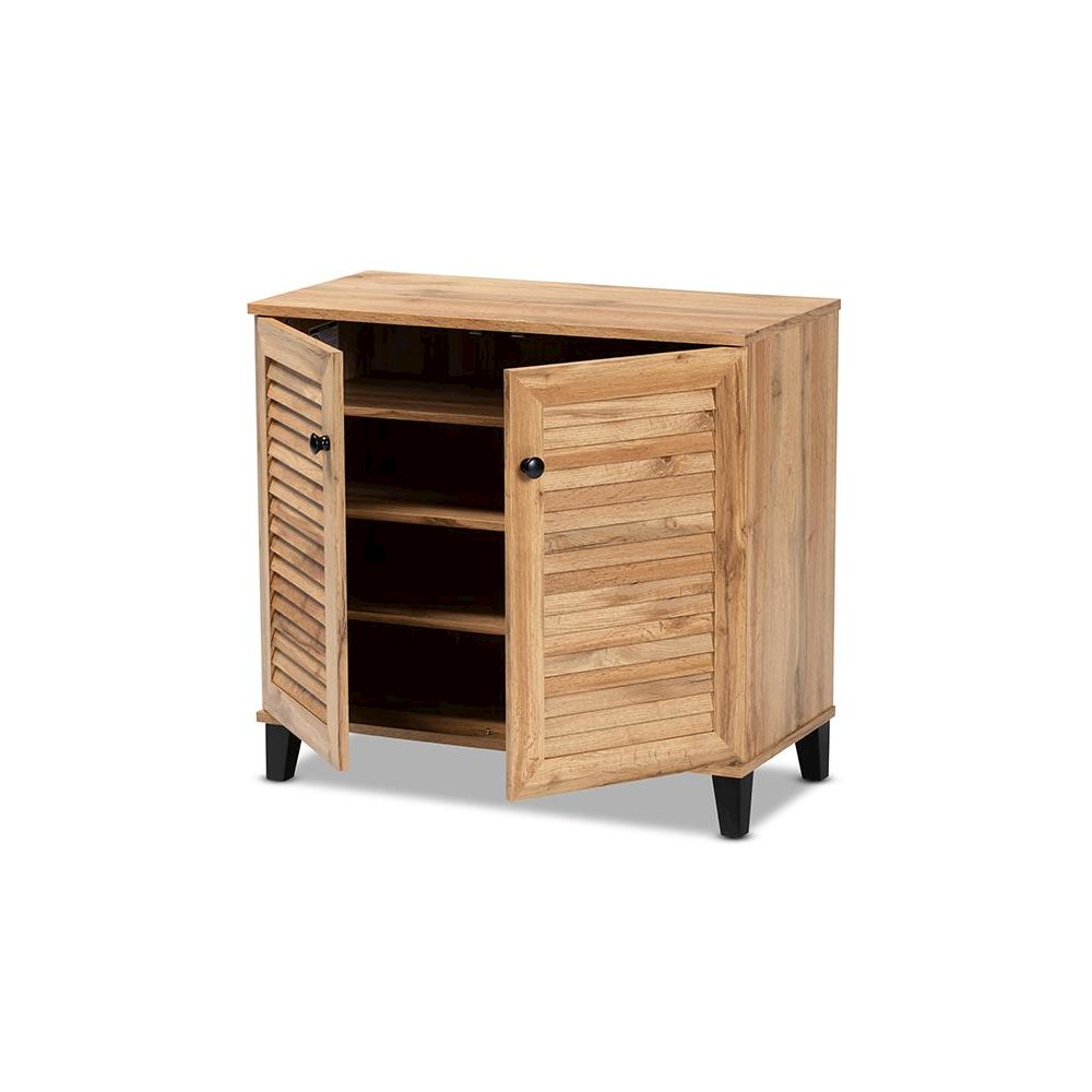 Oak Brown Finished Wood 2-Door Shoe Storage Cabinet. Picture 2