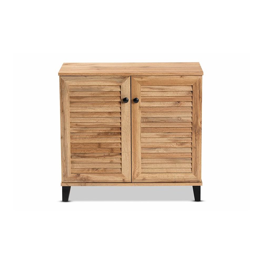 Oak Brown Finished Wood 2-Door Shoe Storage Cabinet. Picture 3