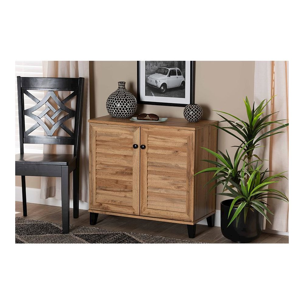 Oak Brown Finished Wood 2-Door Shoe Storage Cabinet. Picture 8