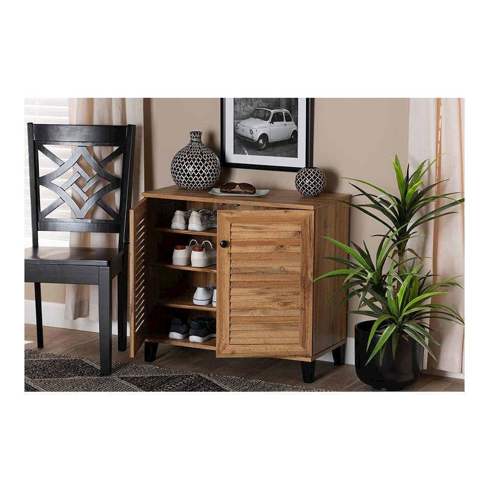 Oak Brown Finished Wood 2-Door Shoe Storage Cabinet. Picture 9