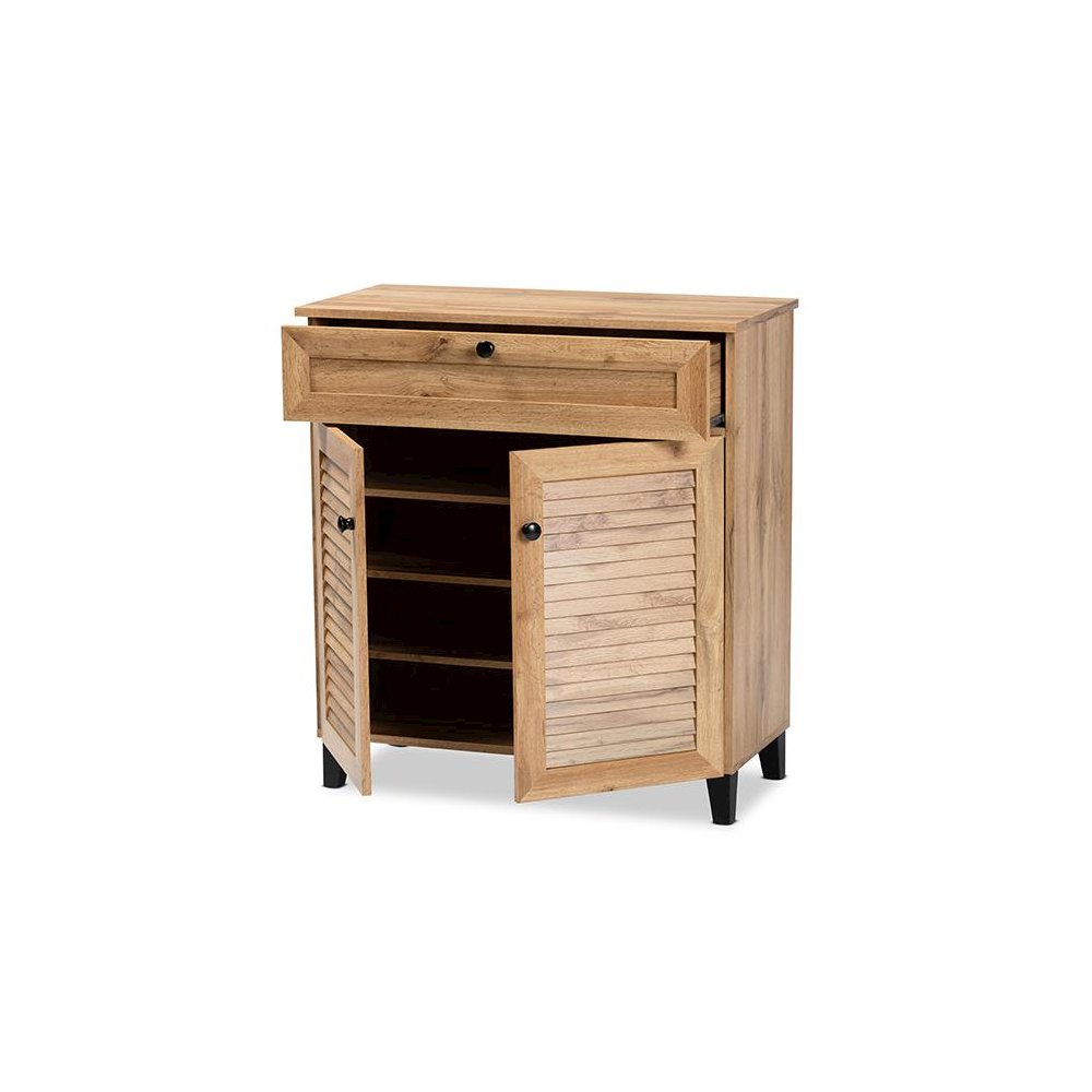 Oak Brown Finished Wood 1-Drawer Shoe Storage Cabinet. Picture 2