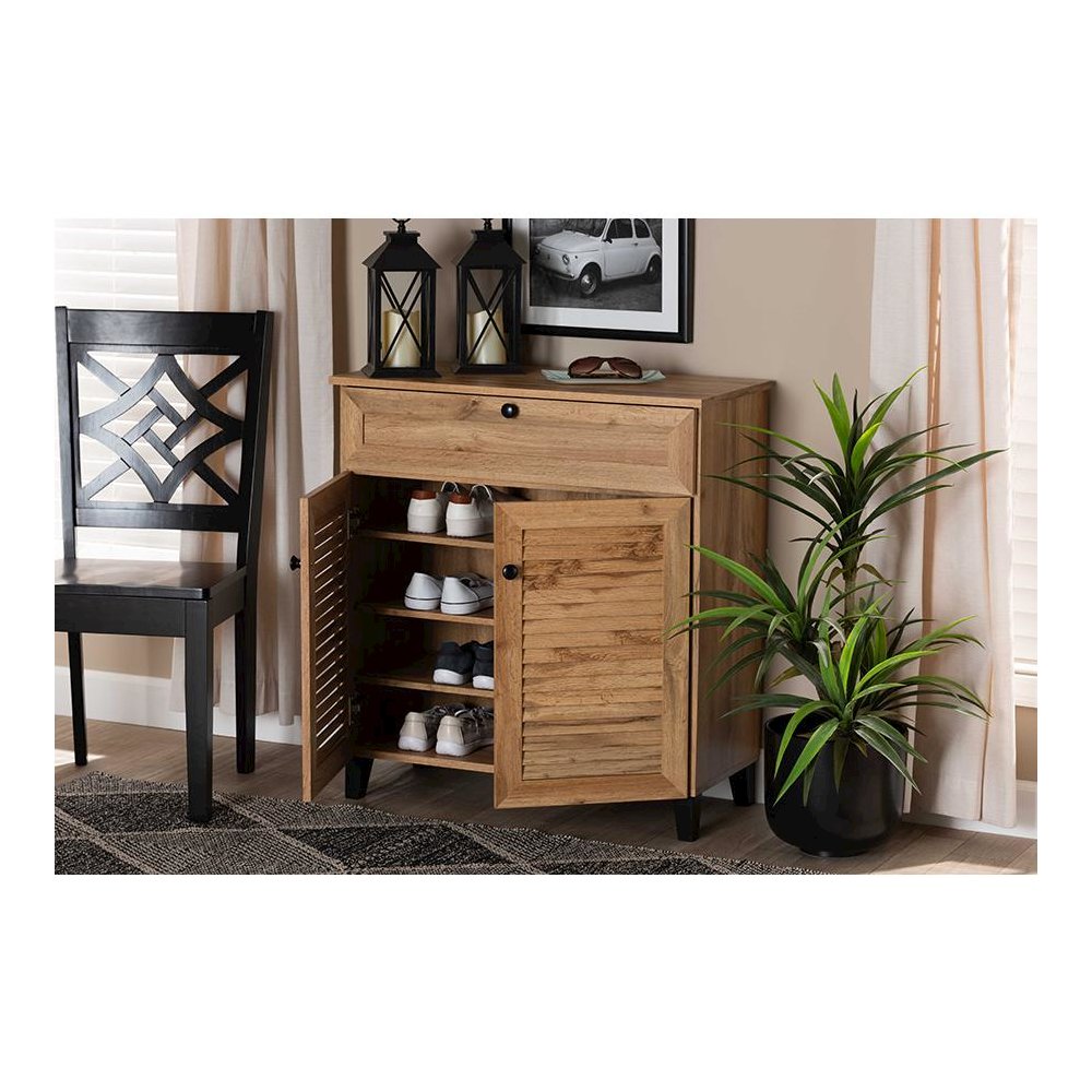 Oak Brown Finished Wood 1-Drawer Shoe Storage Cabinet. Picture 9