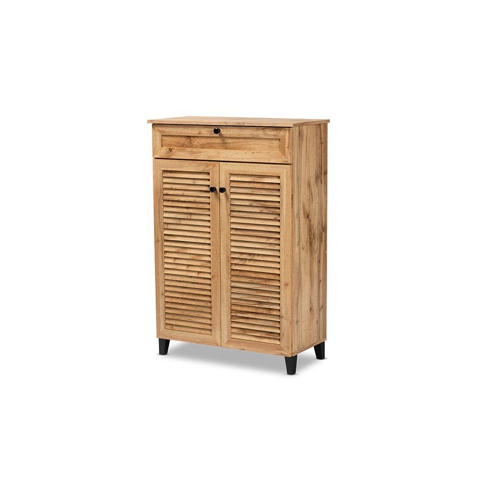 Oak Brown Finished Wood 5-Shelf Shoe Storage Cabinet. Picture 1