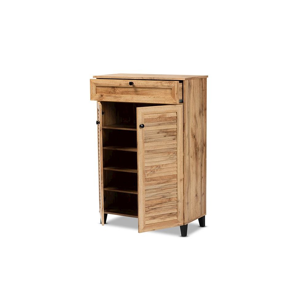 Oak Brown Finished Wood 5-Shelf Shoe Storage Cabinet. Picture 2