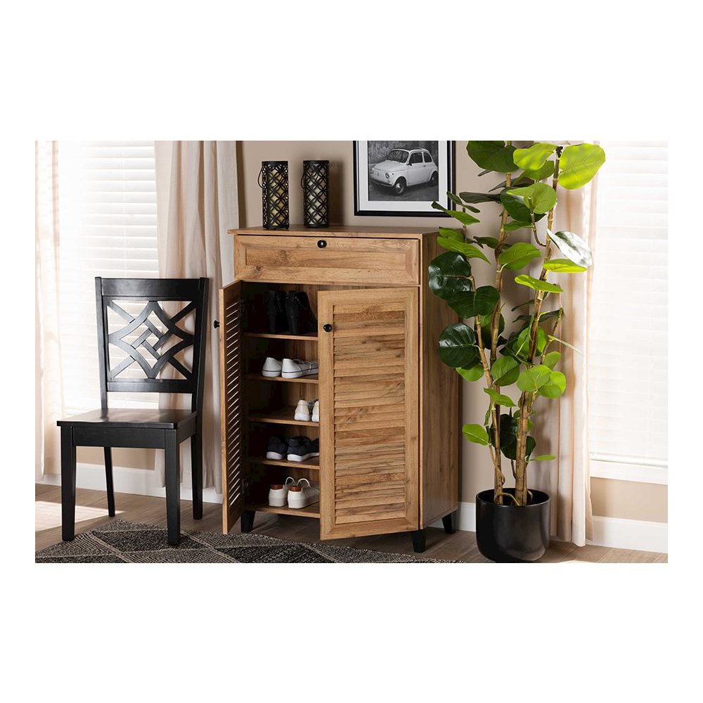 Oak Brown Finished Wood 5-Shelf Shoe Storage Cabinet. Picture 9