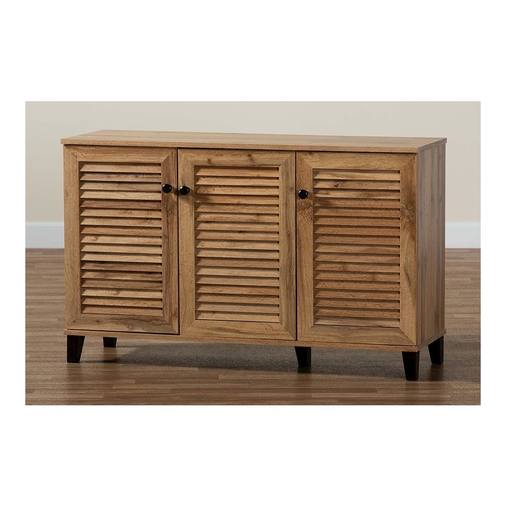Oak Brown Finished Wood 3-Door Shoe Storage Cabinet. Picture 10