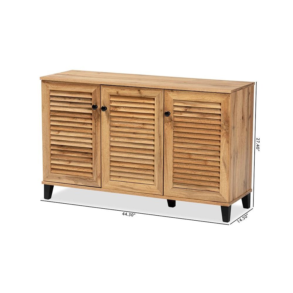 Oak Brown Finished Wood 3-Door Shoe Storage Cabinet. Picture 11