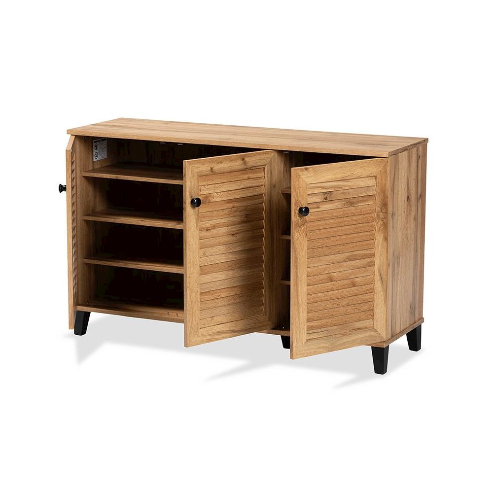 Oak Brown Finished Wood 3-Door Shoe Storage Cabinet. Picture 2