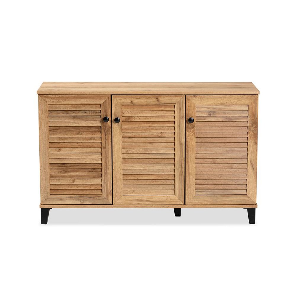 Oak Brown Finished Wood 3-Door Shoe Storage Cabinet. Picture 3