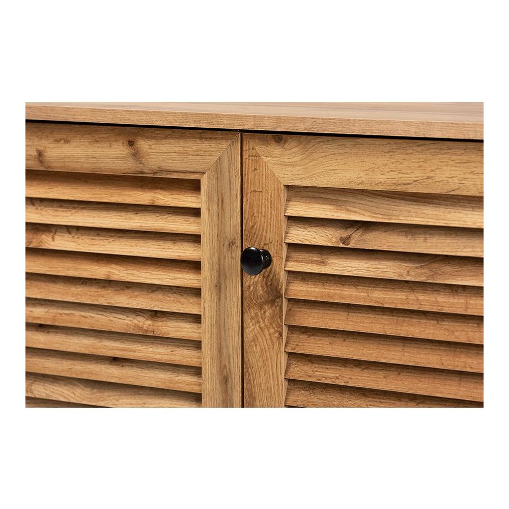 Oak Brown Finished Wood 3-Door Shoe Storage Cabinet. Picture 5
