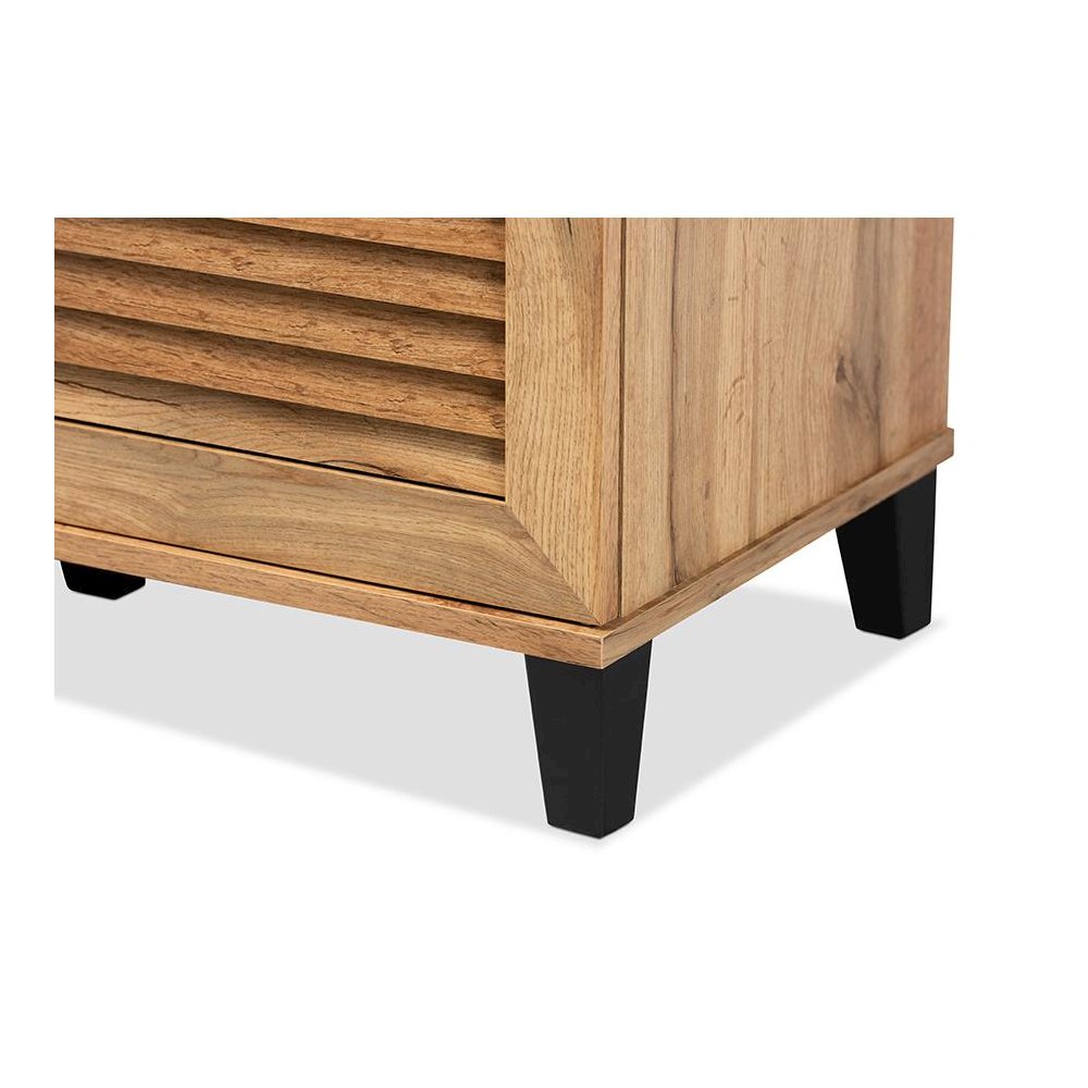 Oak Brown Finished Wood 3-Door Shoe Storage Cabinet. Picture 6