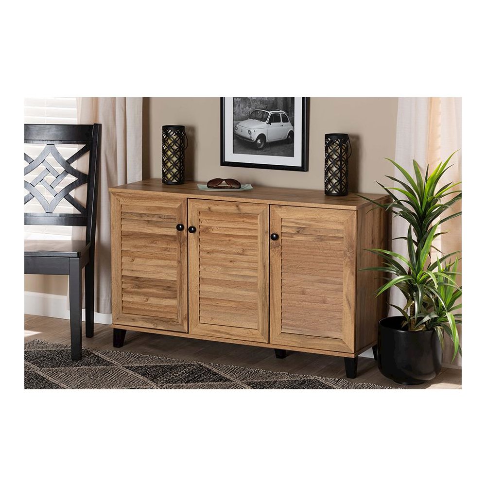Oak Brown Finished Wood 3-Door Shoe Storage Cabinet. Picture 8