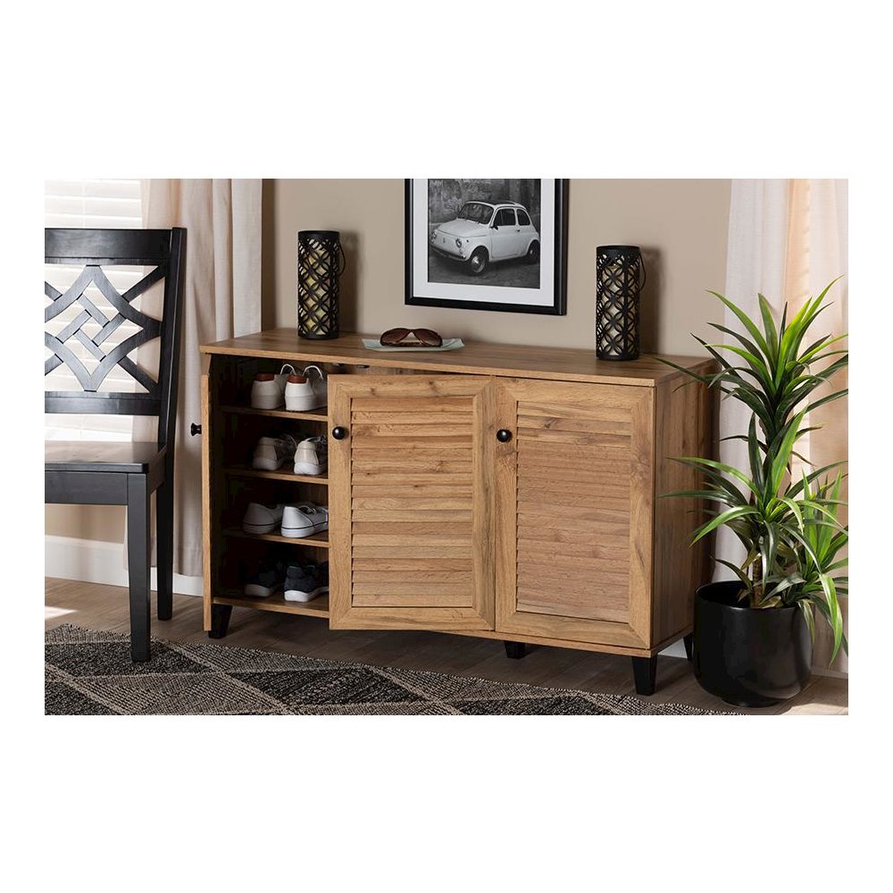 Oak Brown Finished Wood 3-Door Shoe Storage Cabinet. Picture 9