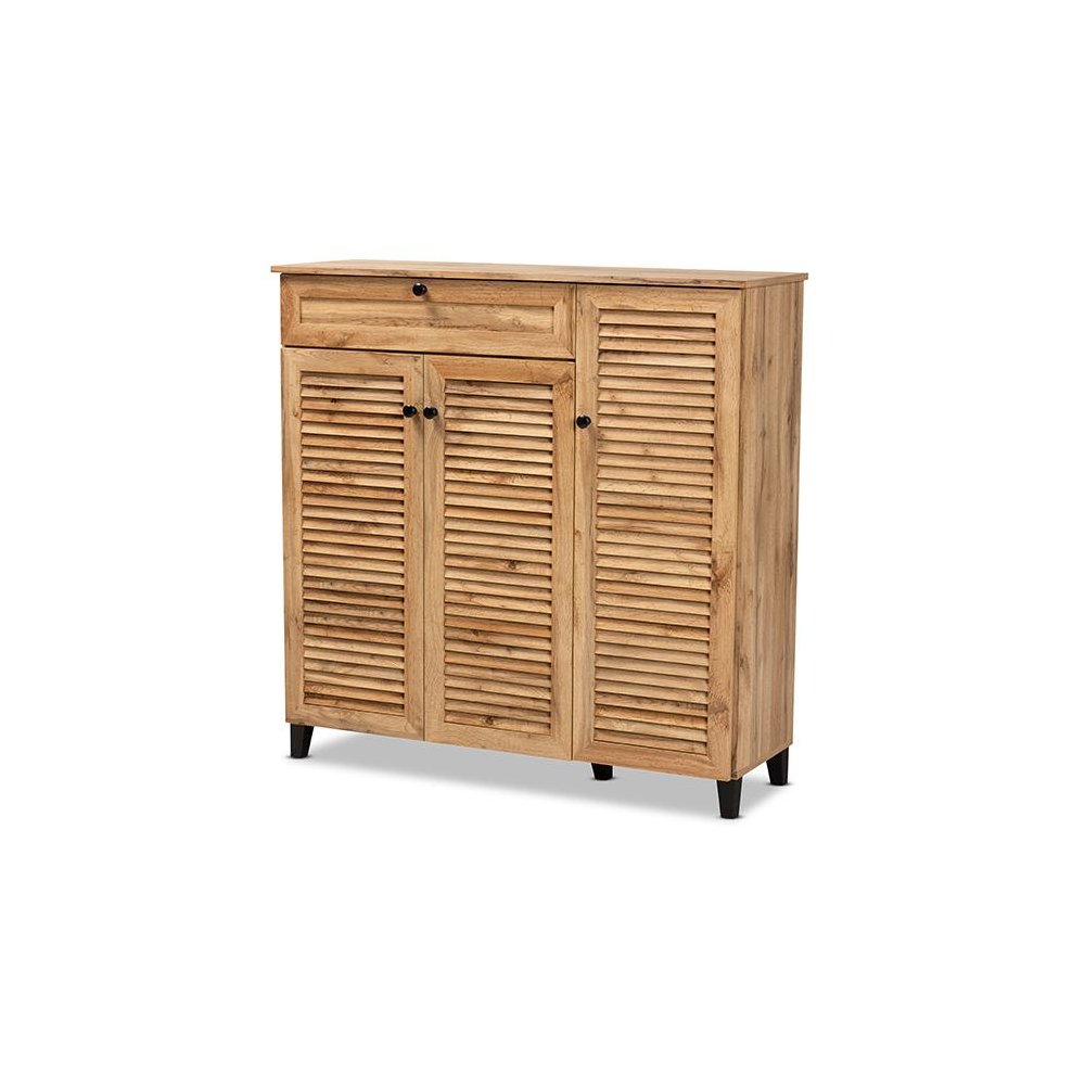 Oak Brown Finished Wood 3-Door Shoe Storage Cabinet with Drawer. Picture 1