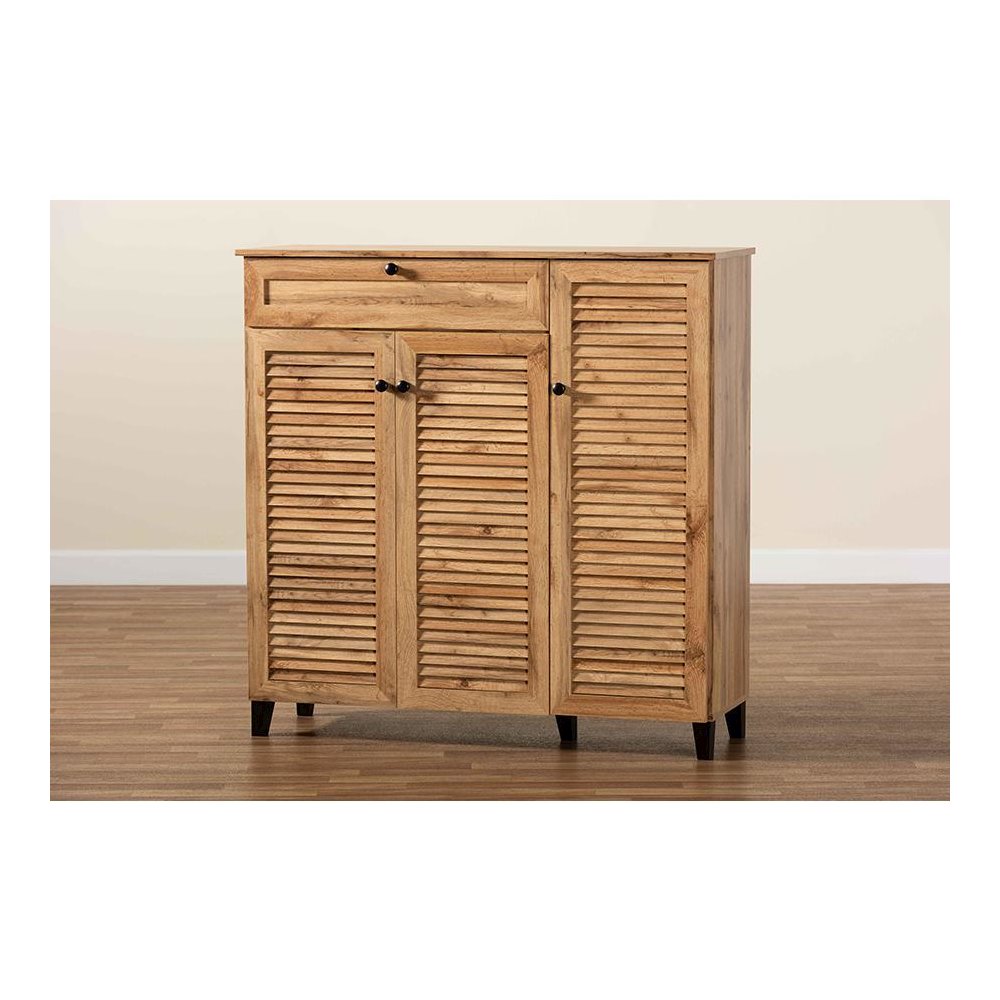 Oak Brown Finished Wood 3-Door Shoe Storage Cabinet with Drawer. Picture 10