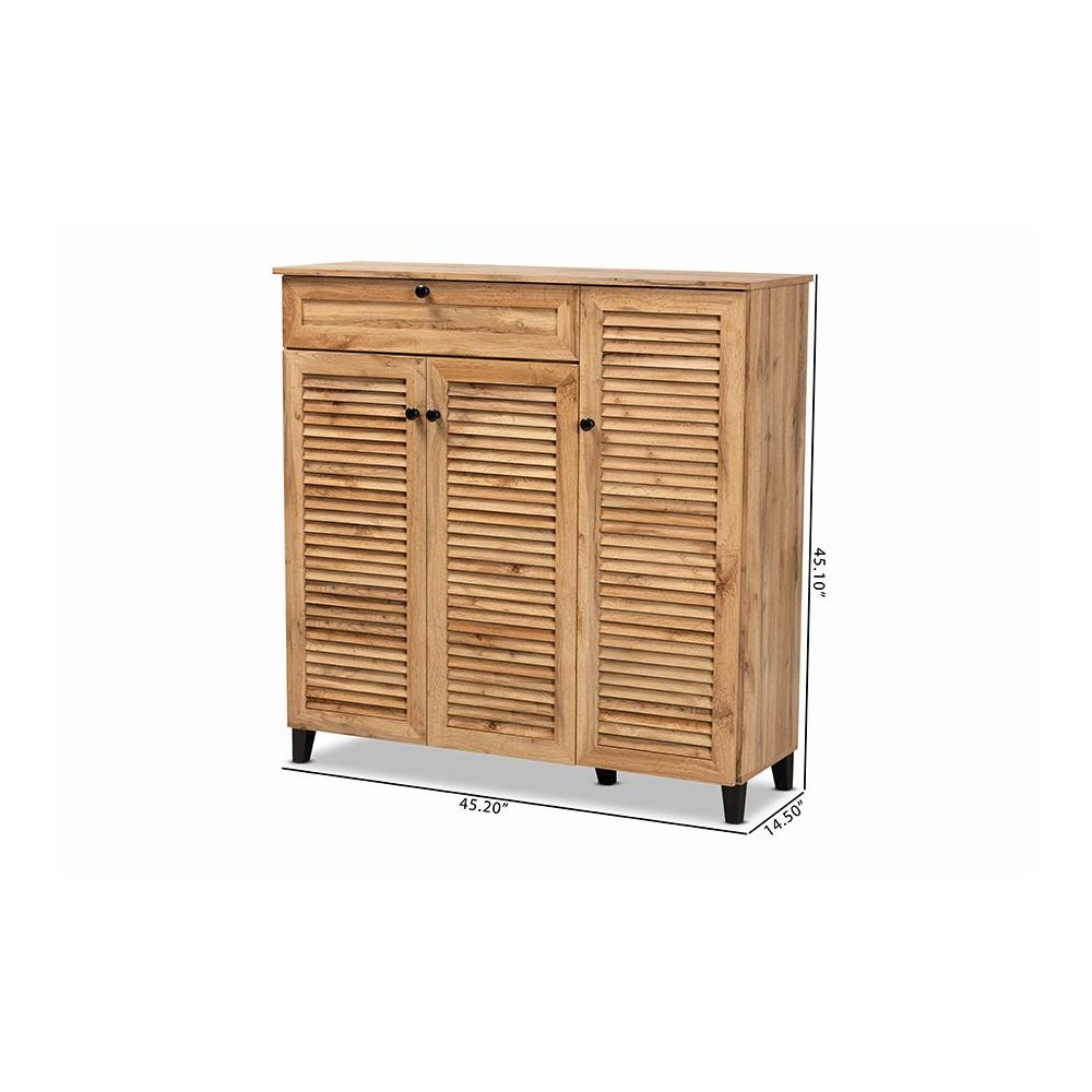 Oak Brown Finished Wood 3-Door Shoe Storage Cabinet with Drawer. Picture 11