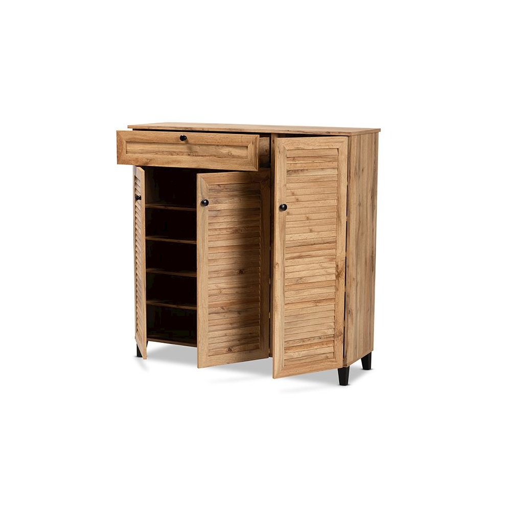 Oak Brown Finished Wood 3-Door Shoe Storage Cabinet with Drawer. Picture 2